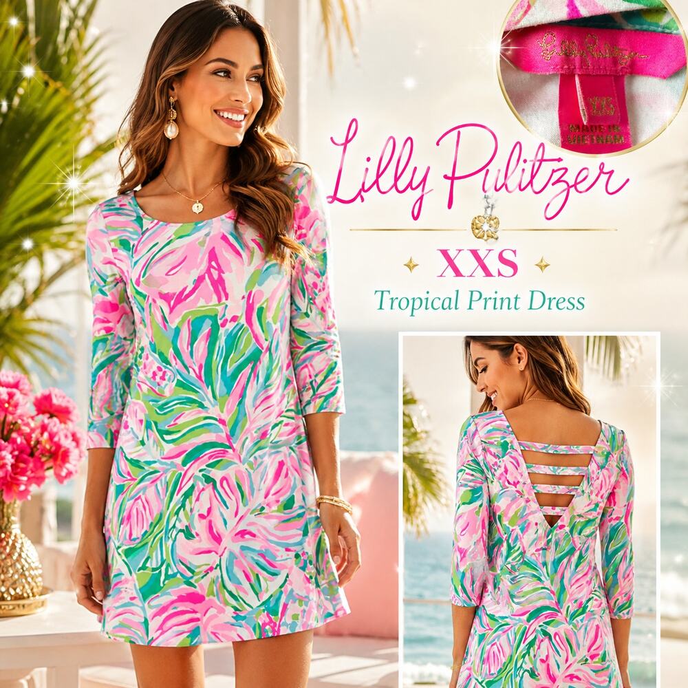 Lilly Pulitzer XXS Tropical Floral Ophelia Ladder Back Swing Dress Pink Green